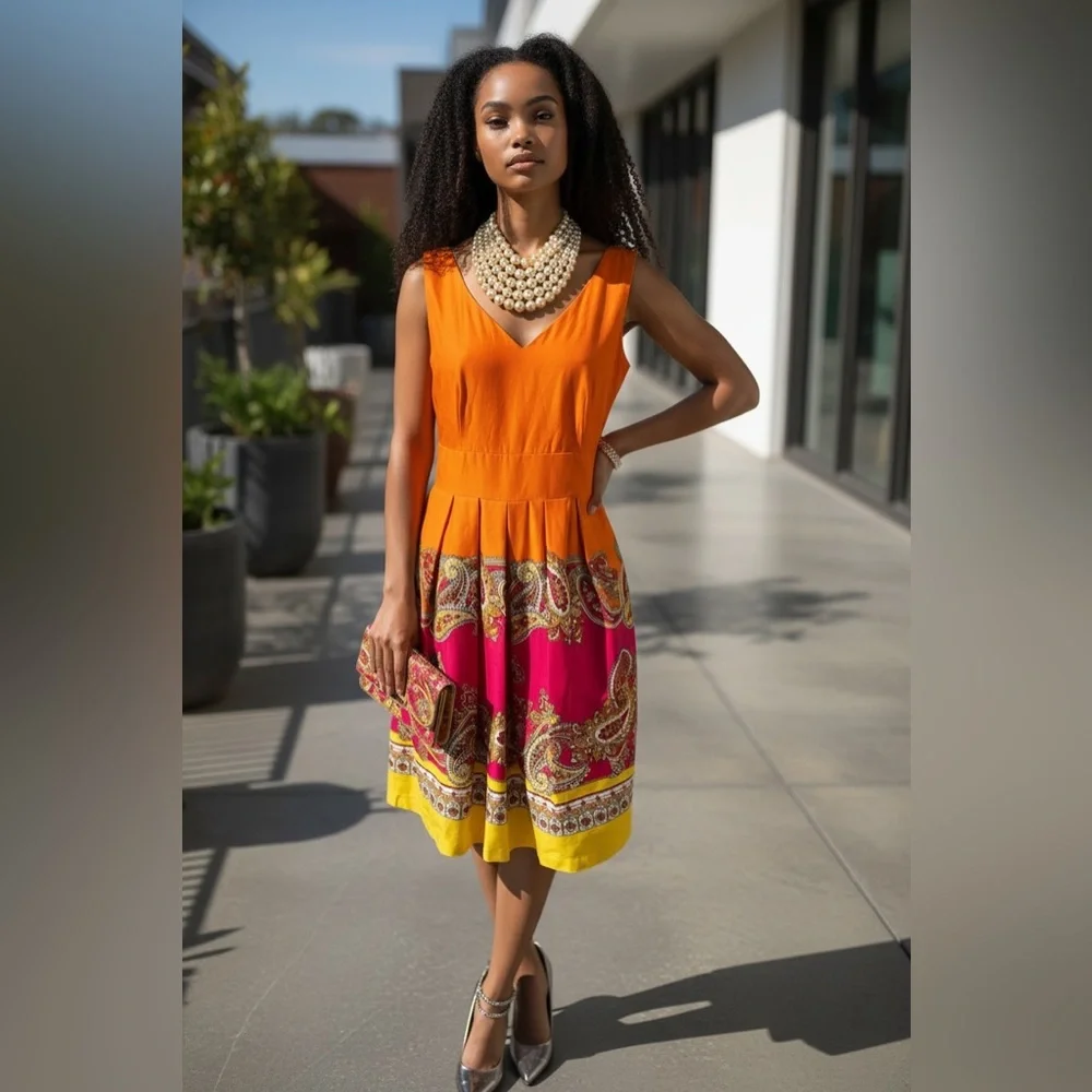 Spense Orange and Pink Paisley Midi Dress☑️ - Picture 2 of 5